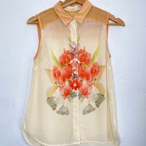 Sheer Floral Button Down, Coral & Tan